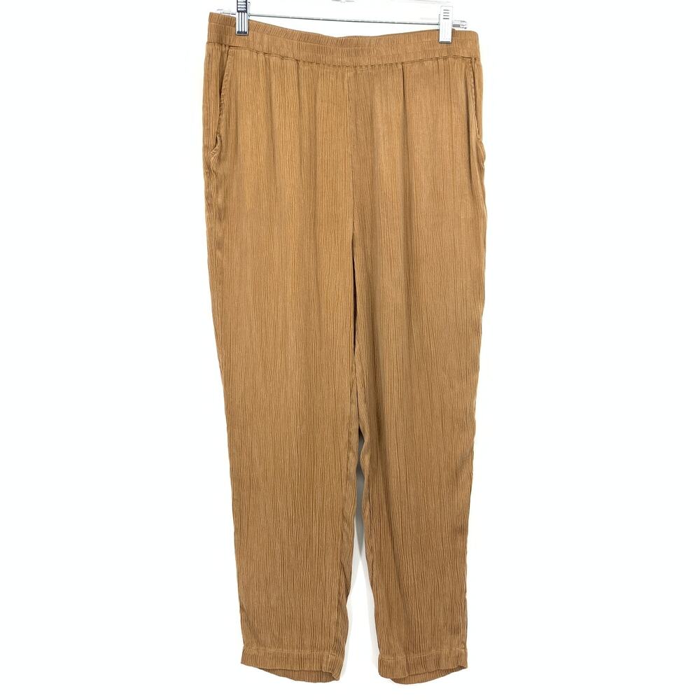 Soft Surroundings Womens M Tan Cupro Rayon Plisse Crinkle Pants Smocked Waist